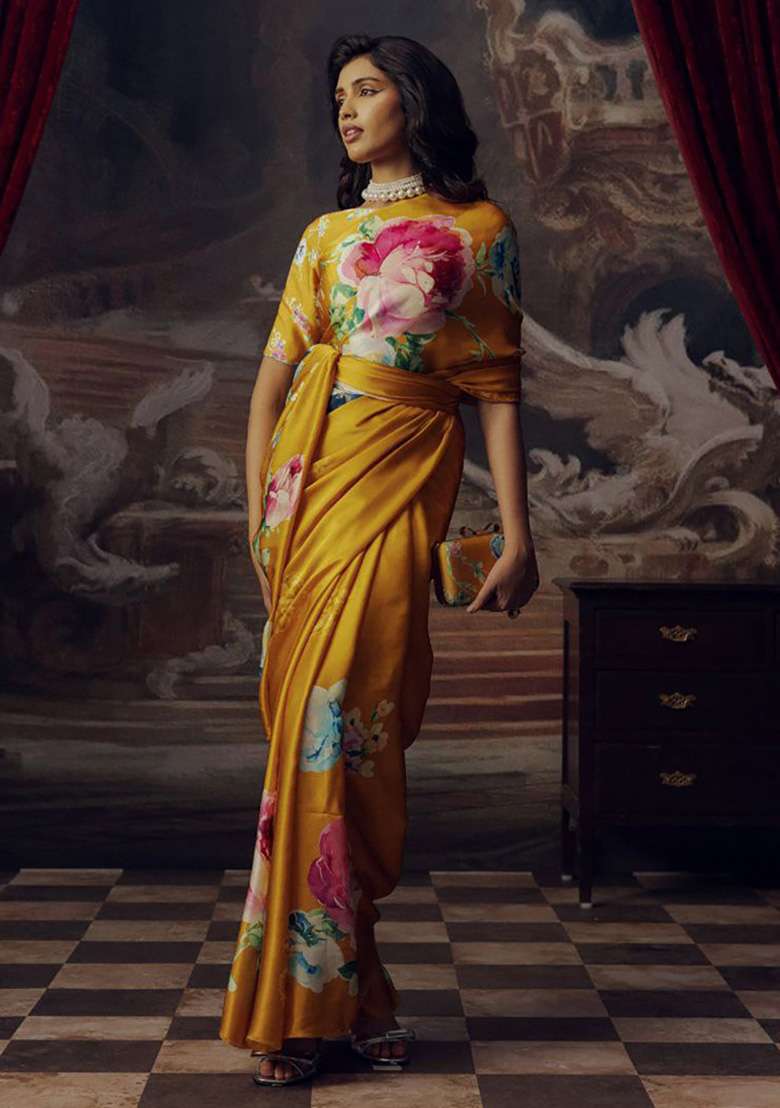 Canary Yellow Floral Print Model Saree Set - Indya
