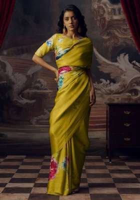 Mustard Yellow Floral Print Model Saree Set