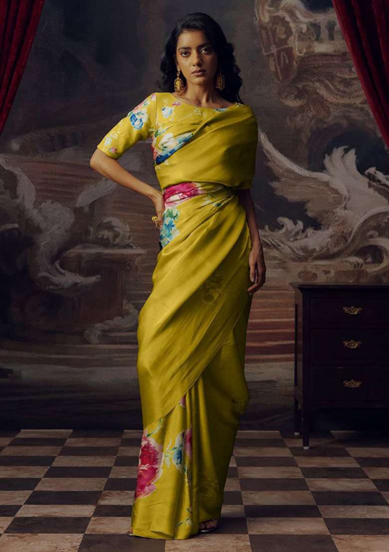 Mustard Yellow Floral Print Model Saree Set - Indya