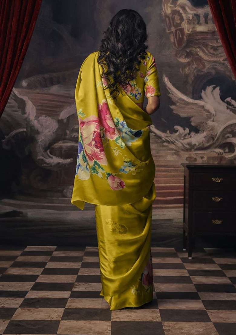 Mustard Yellow Floral Print Model Saree Set - Indya