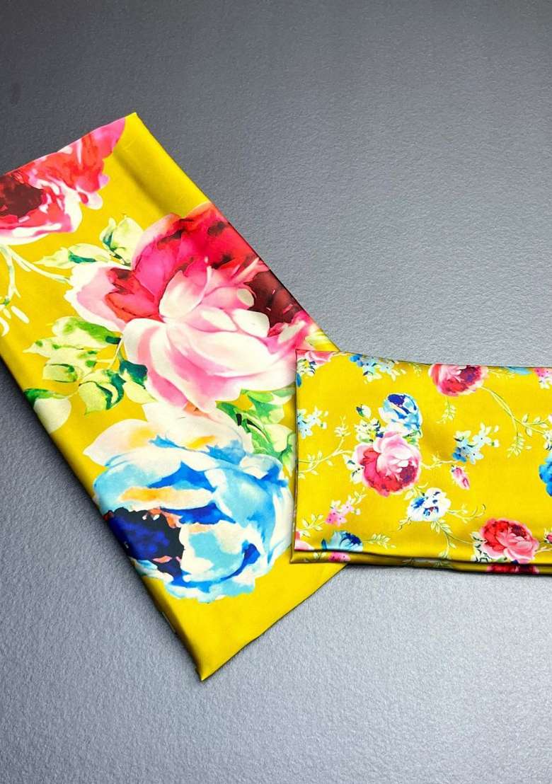 Mustard Yellow Floral Print Model Saree Set - Indya