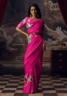 Rani Pink Floral Print Model Saree Set