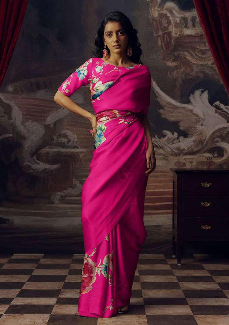 Rani Pink Floral Print Model Saree Set - Indya