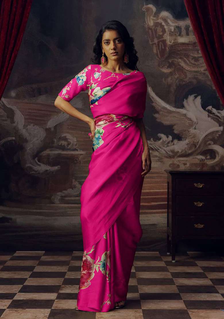 Rani Pink Floral Print Model Saree Set - Indya