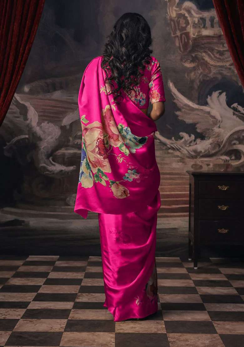 Rani Pink Floral Print Model Saree Set - Indya