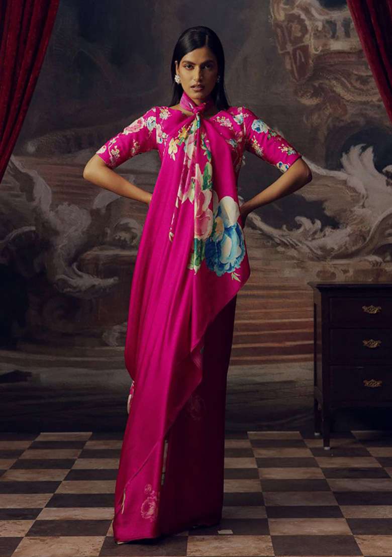 Rani Pink Floral Print Model Saree Set - Indya