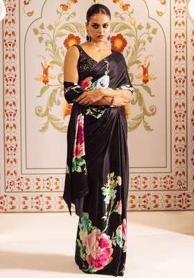 Black Floral Print Model Saree Set