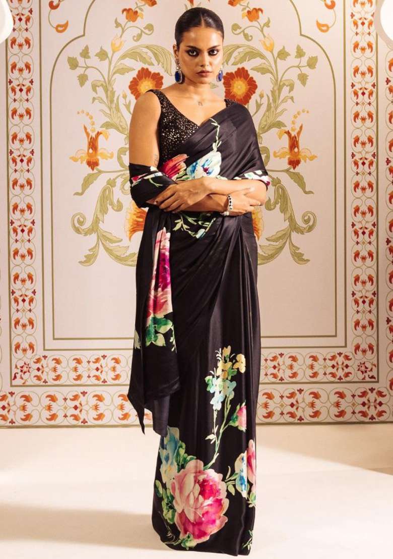 Black Floral Print Model Saree Set - Indya