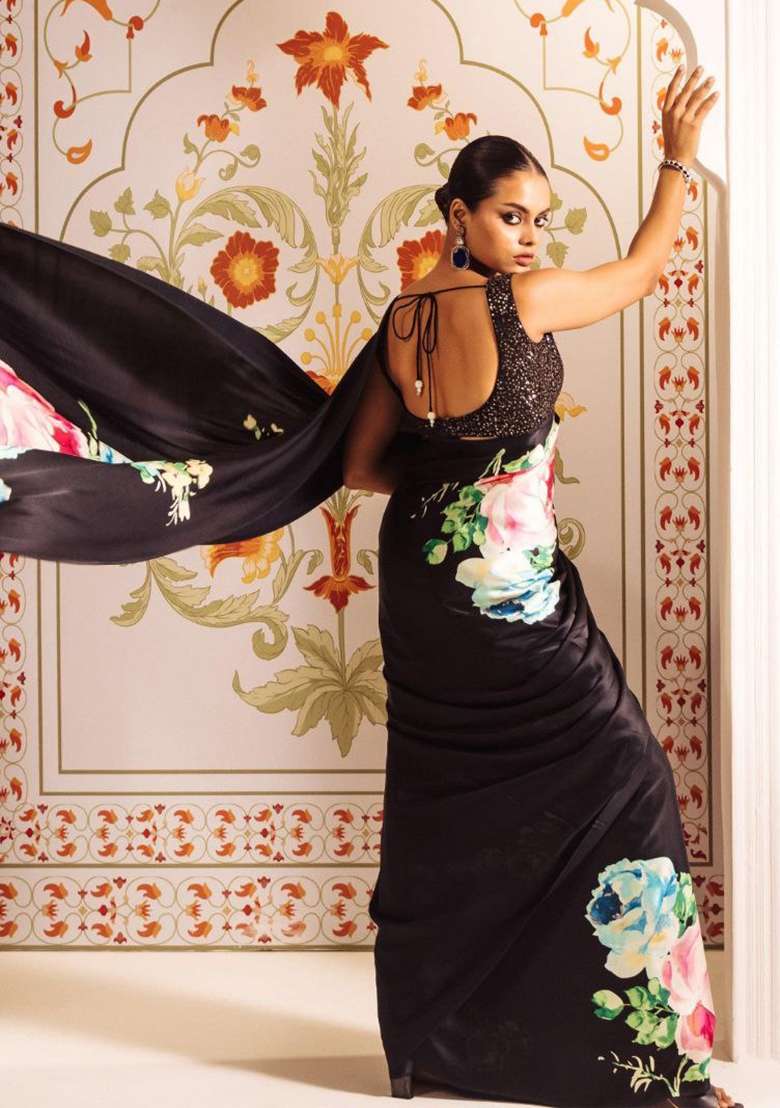 Black Floral Print Model Saree Set - Indya
