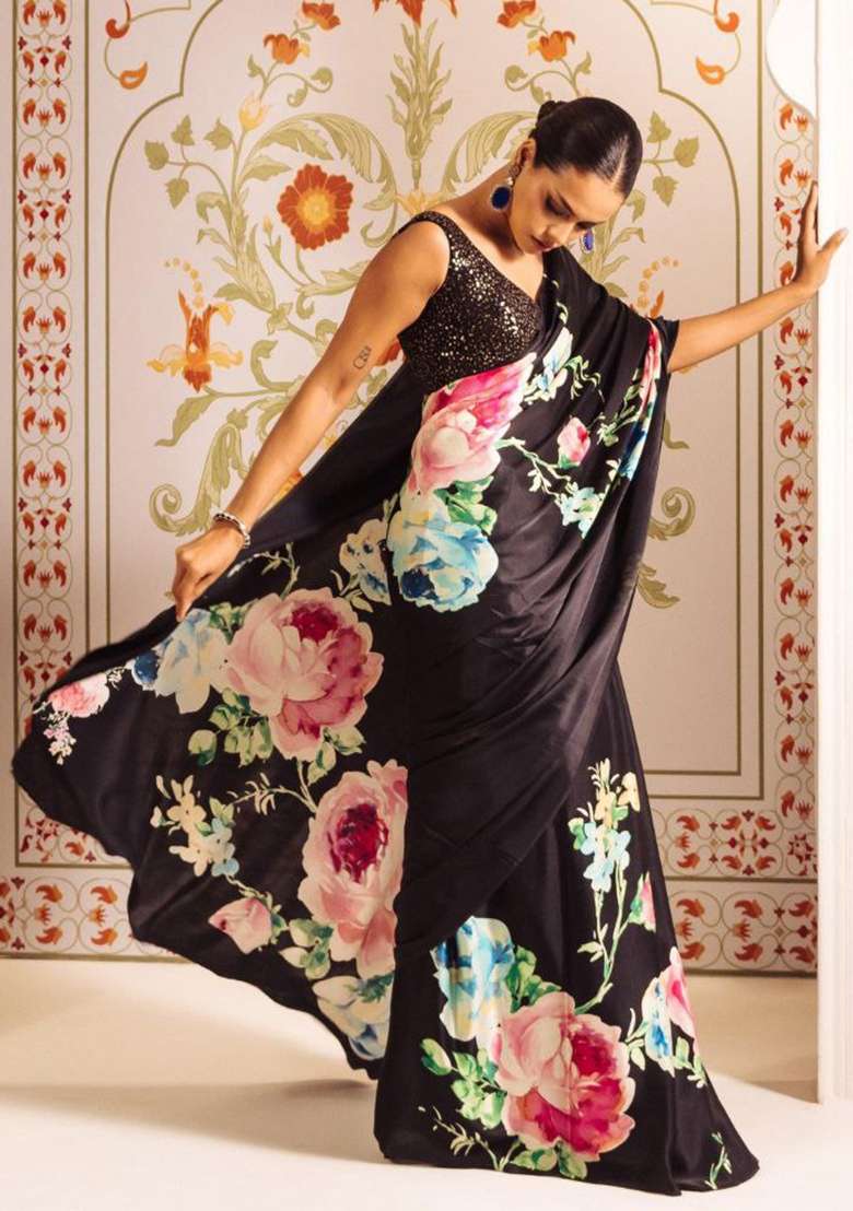 Black Floral Print Model Saree Set - Indya