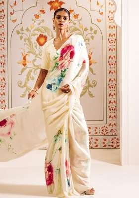 White Floral Print Model Saree Set