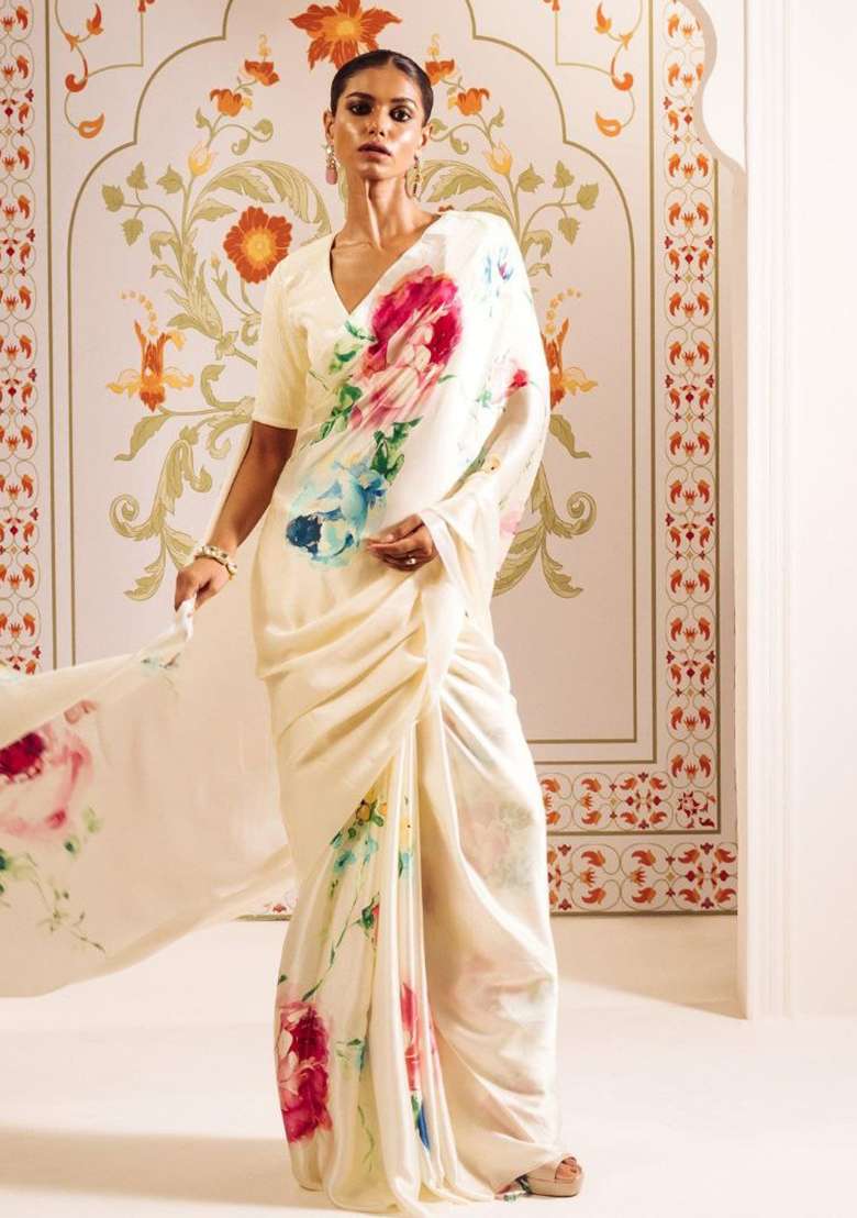 White Floral Print Model Saree Set - Indya