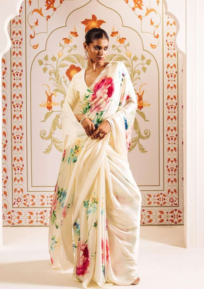 White Floral Print Model Saree Set - Indya