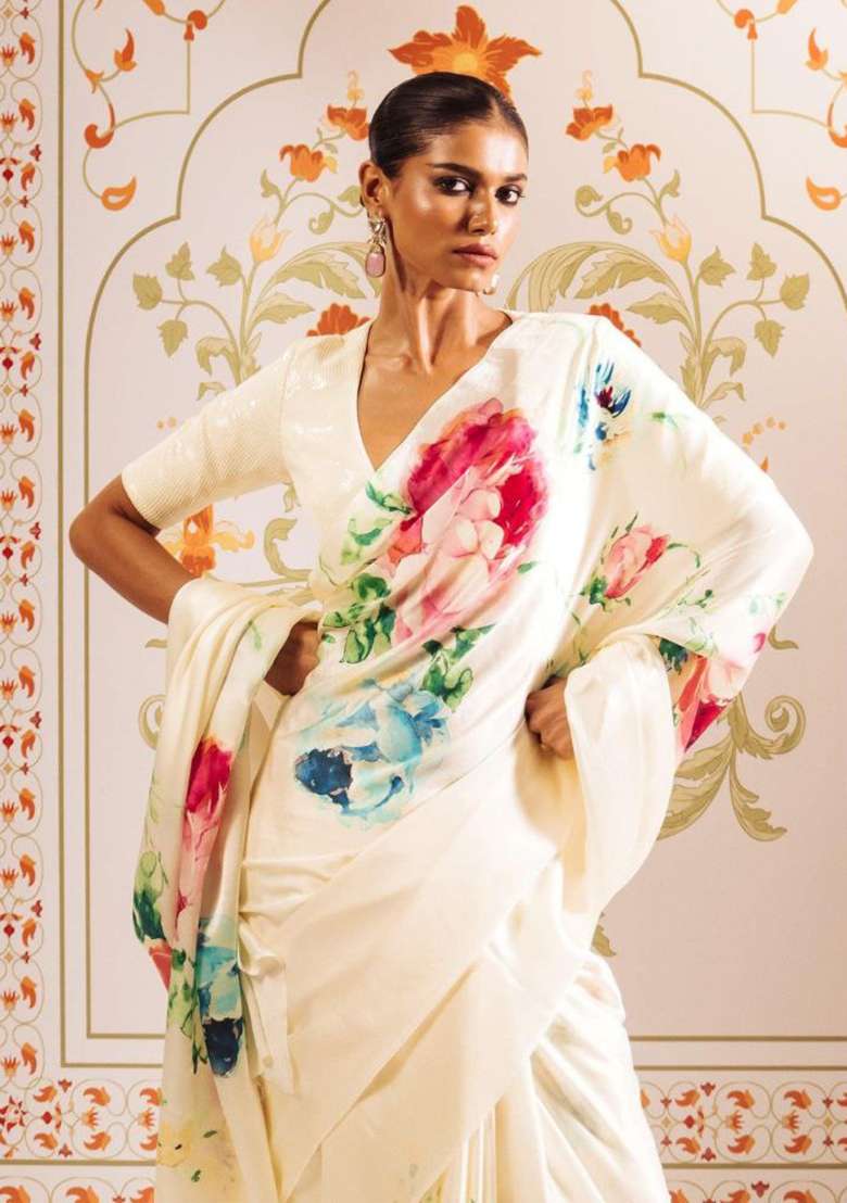 White Floral Print Model Saree Set - Indya