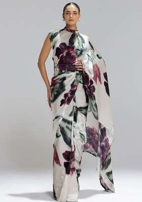 White And Black Floral Print Model Saree Set