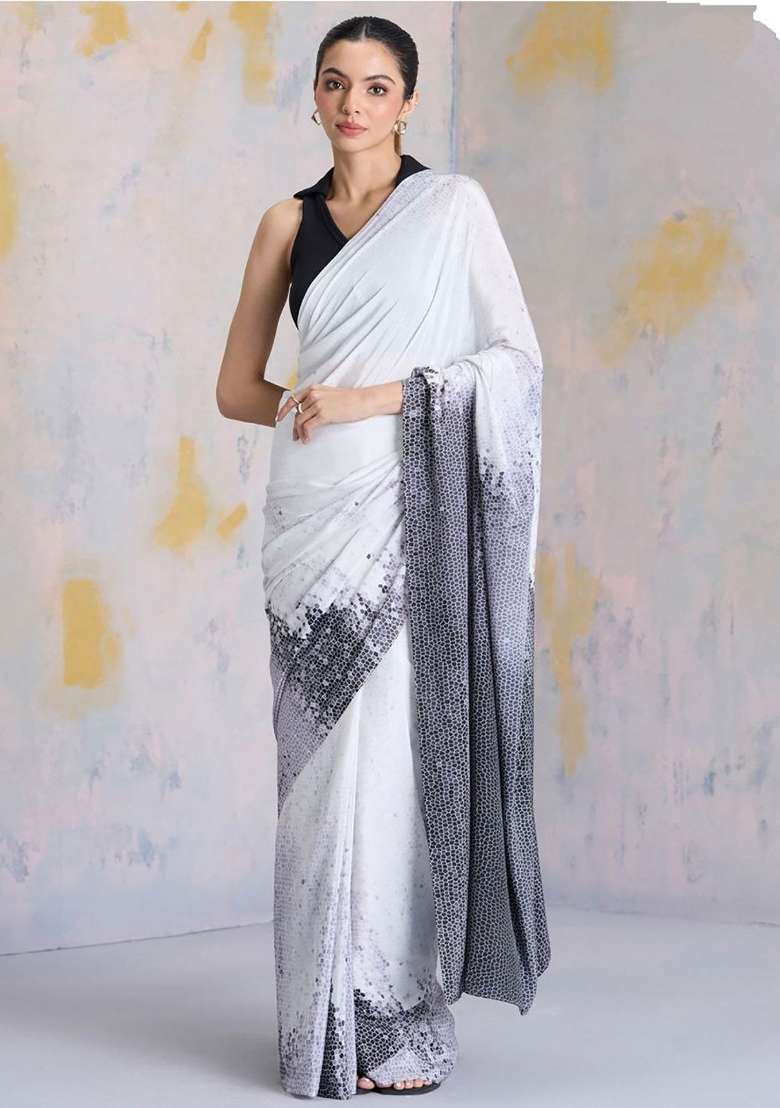 Black Floral Print Model Saree Set - Indya