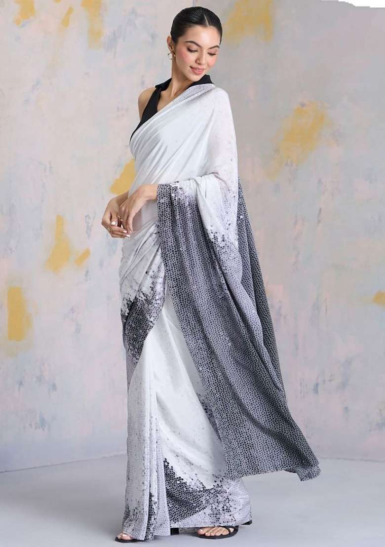 Black Floral Print Model Saree Set - Indya