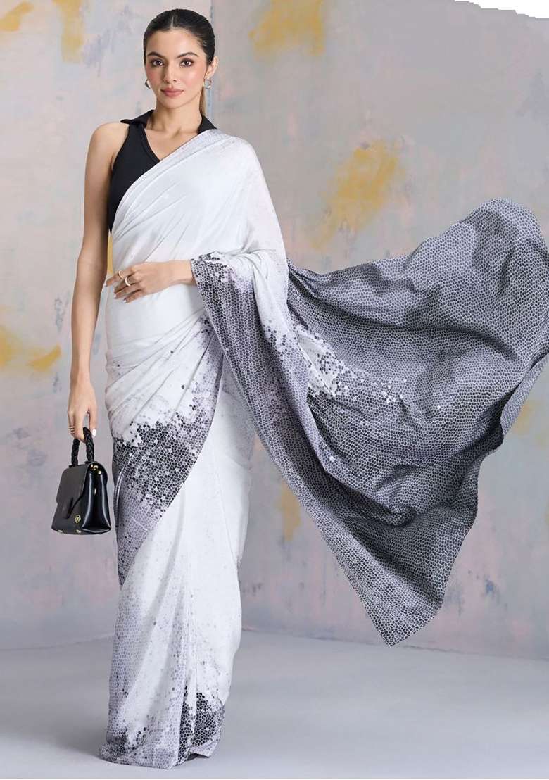 Black Floral Print Model Saree Set - Indya