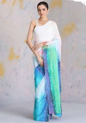 White Floral Print Model Saree Set