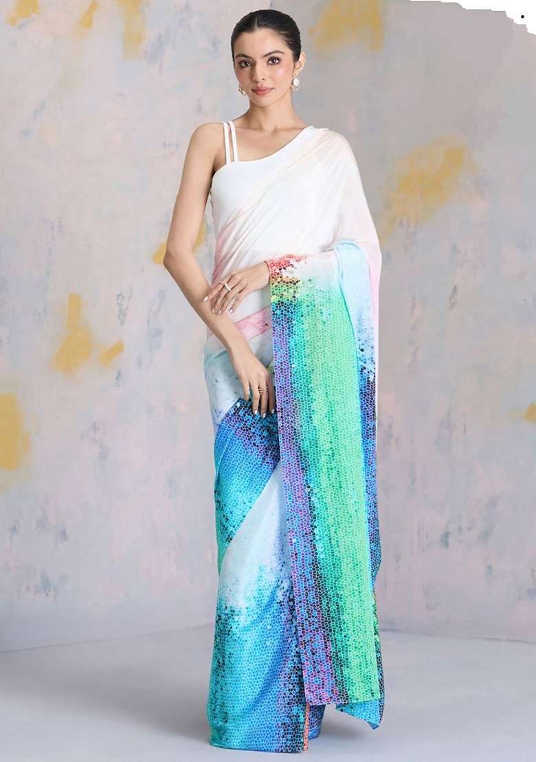 White Floral Print Model Saree Set - Indya
