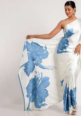 White Floral Print Model Saree Set