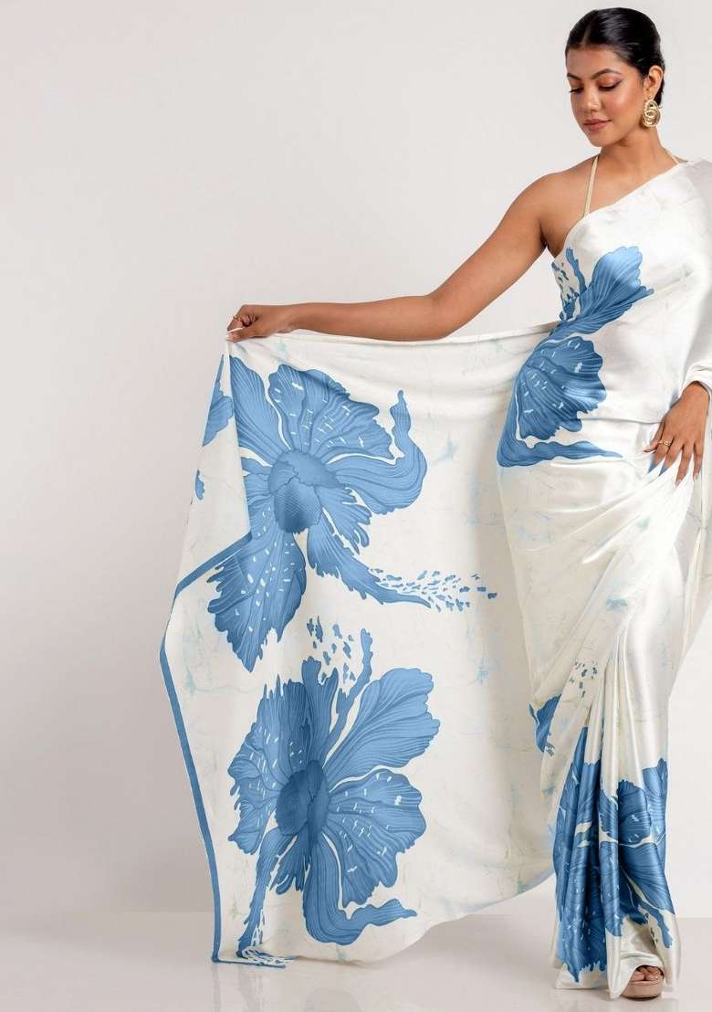 White Floral Print Model Saree Set - Indya