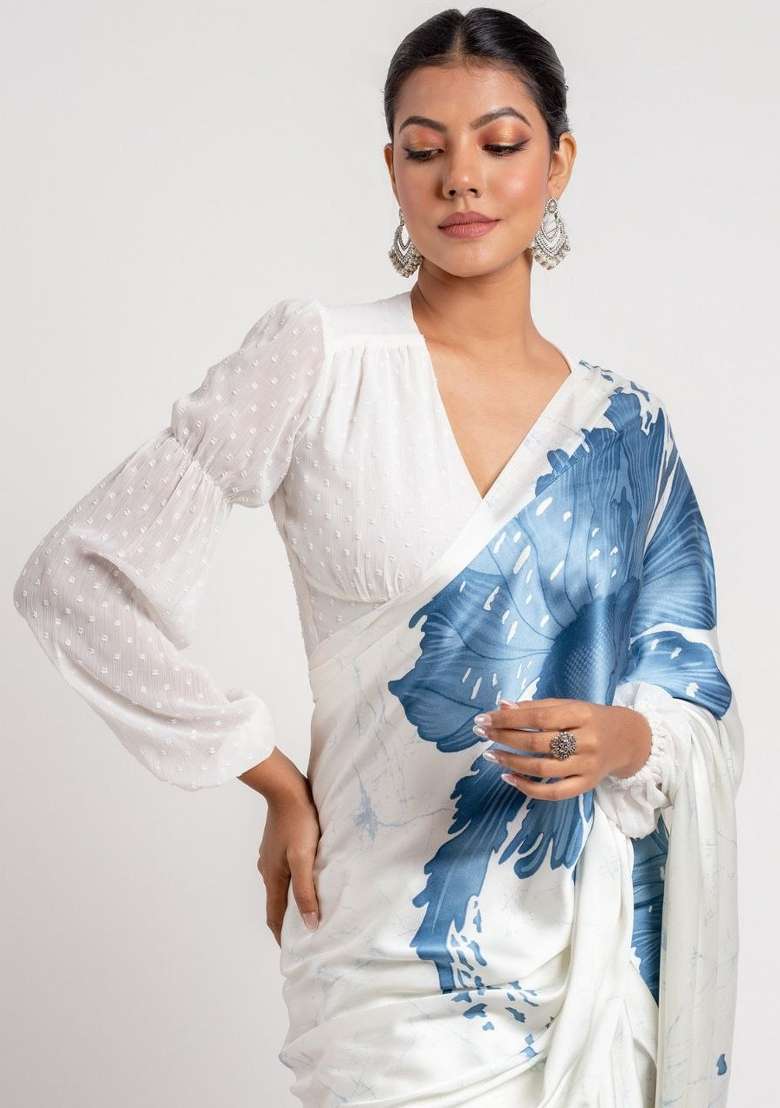 White Floral Print Model Saree Set - Indya