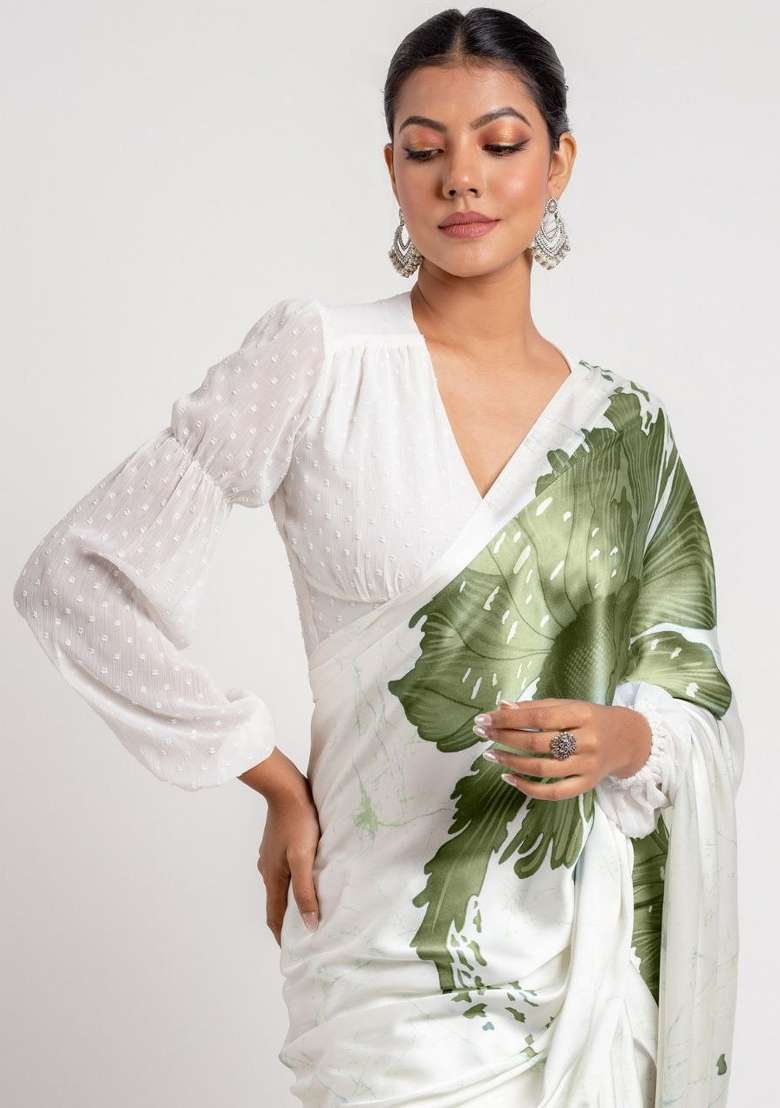 White Floral Print Model Saree Set - Indya