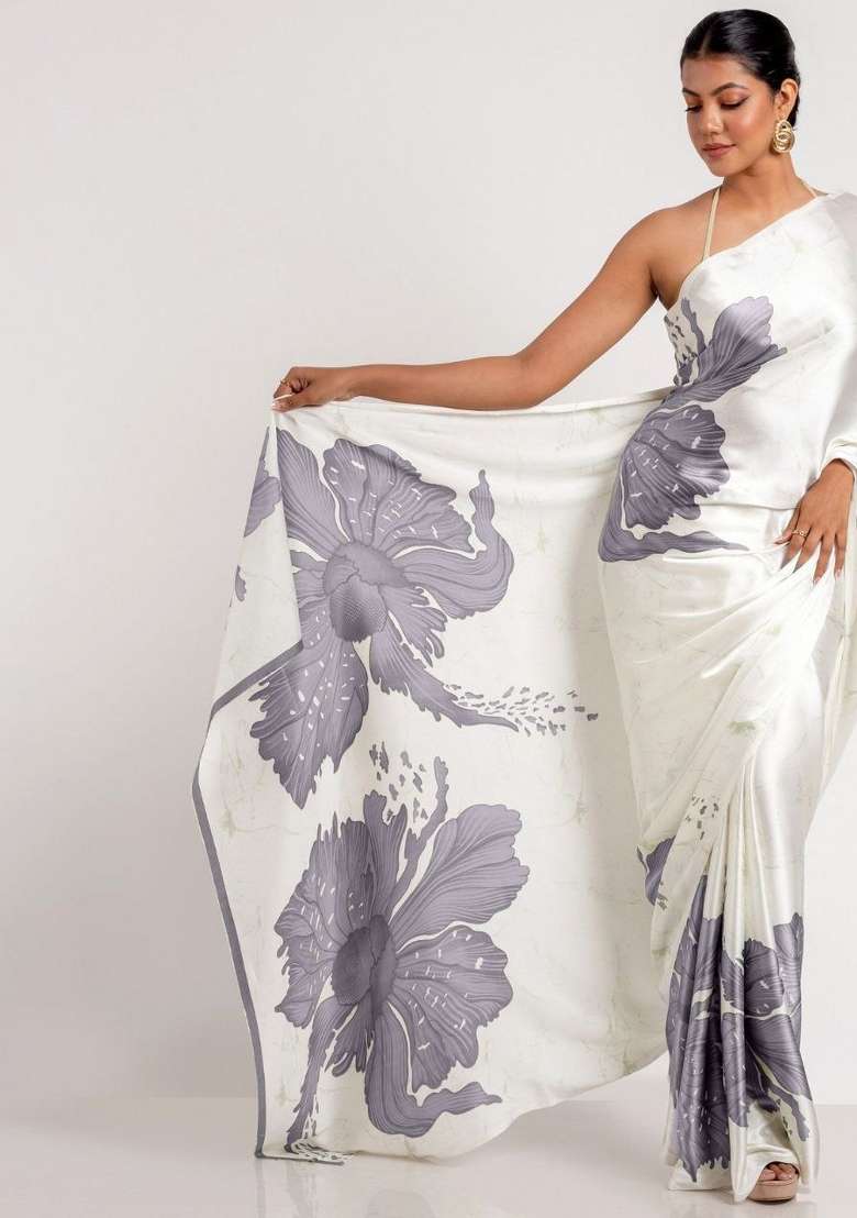 White Floral Print Model Saree Set - Indya