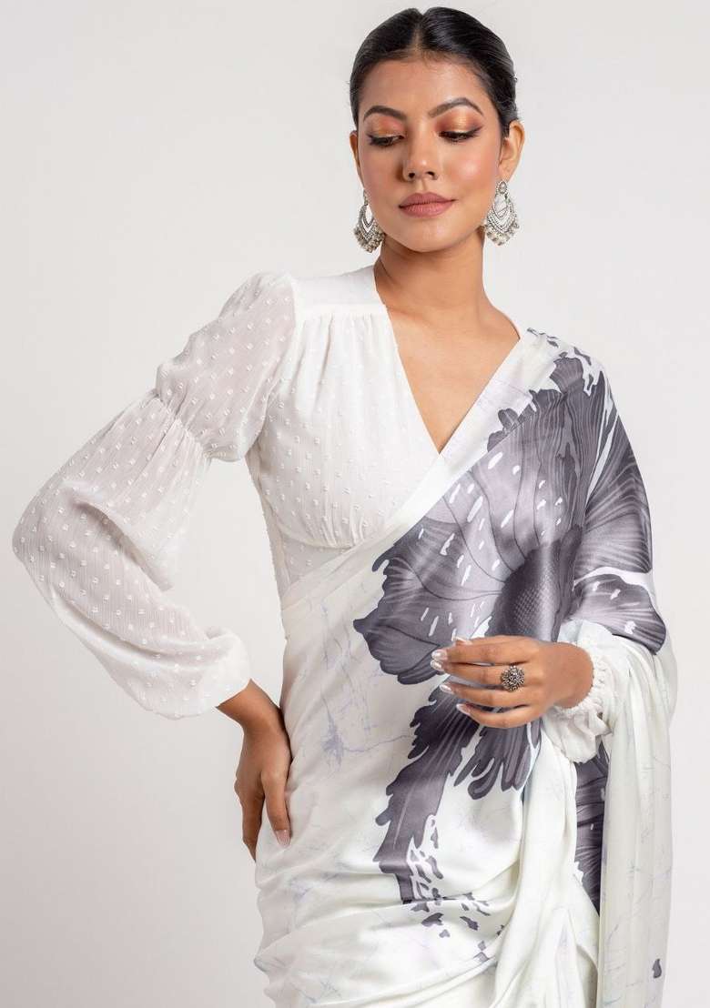 White Floral Print Model Saree Set - Indya
