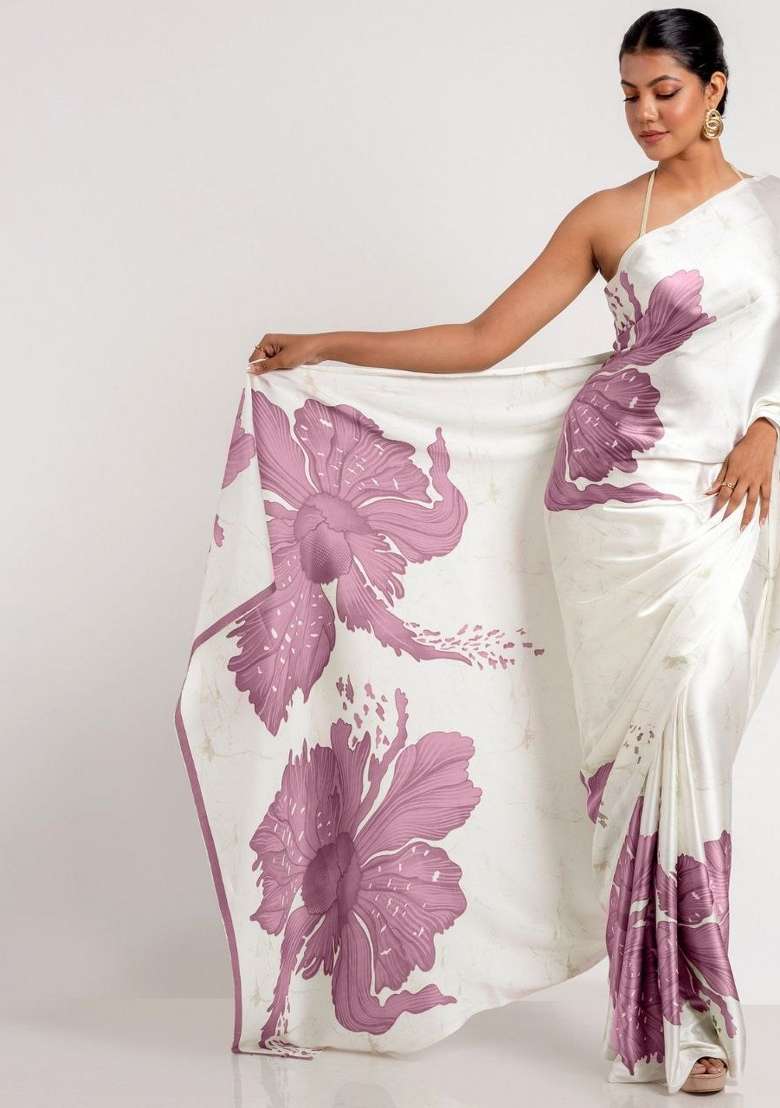 White Floral Print Model Saree Set - Indya