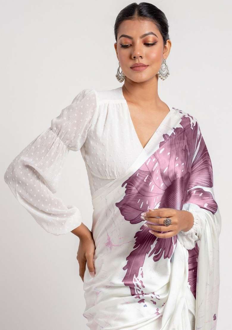 White Floral Print Model Saree Set - Indya