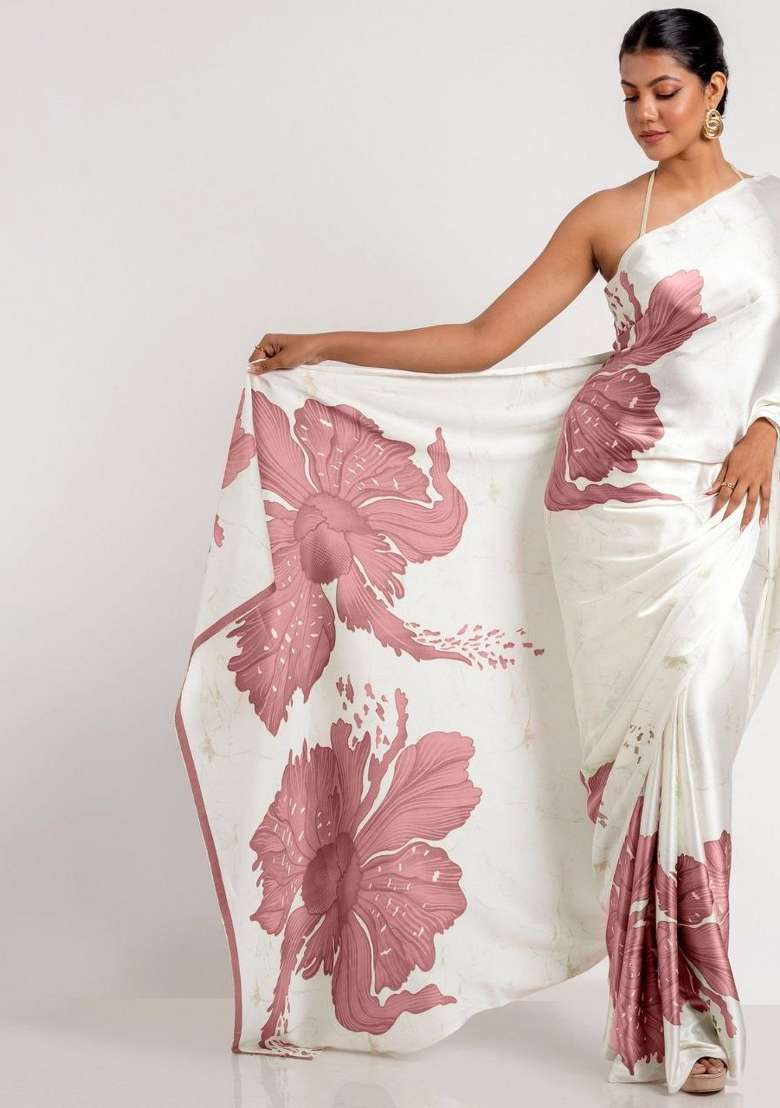 White Floral Print Model Saree Set - Indya