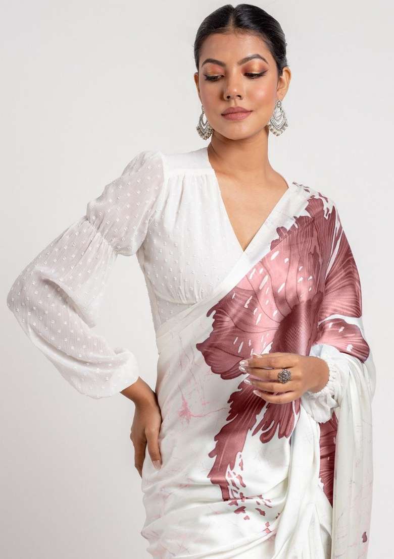 White Floral Print Model Saree Set - Indya