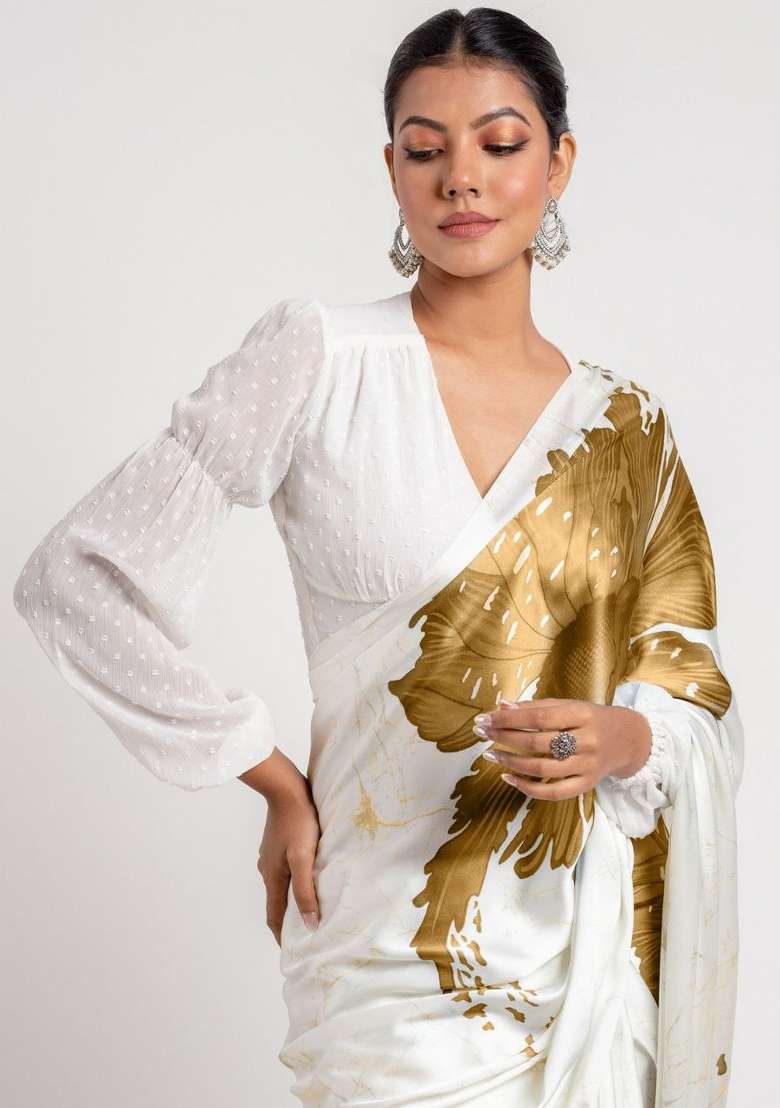 White Floral Print Model Saree Set - Indya