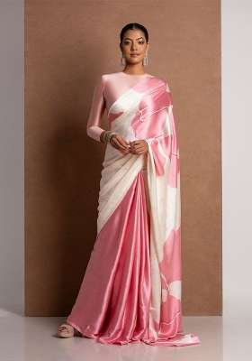 White Floral Print Model Saree Set