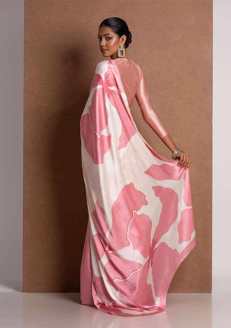 White Floral Print Model Saree Set - Indya