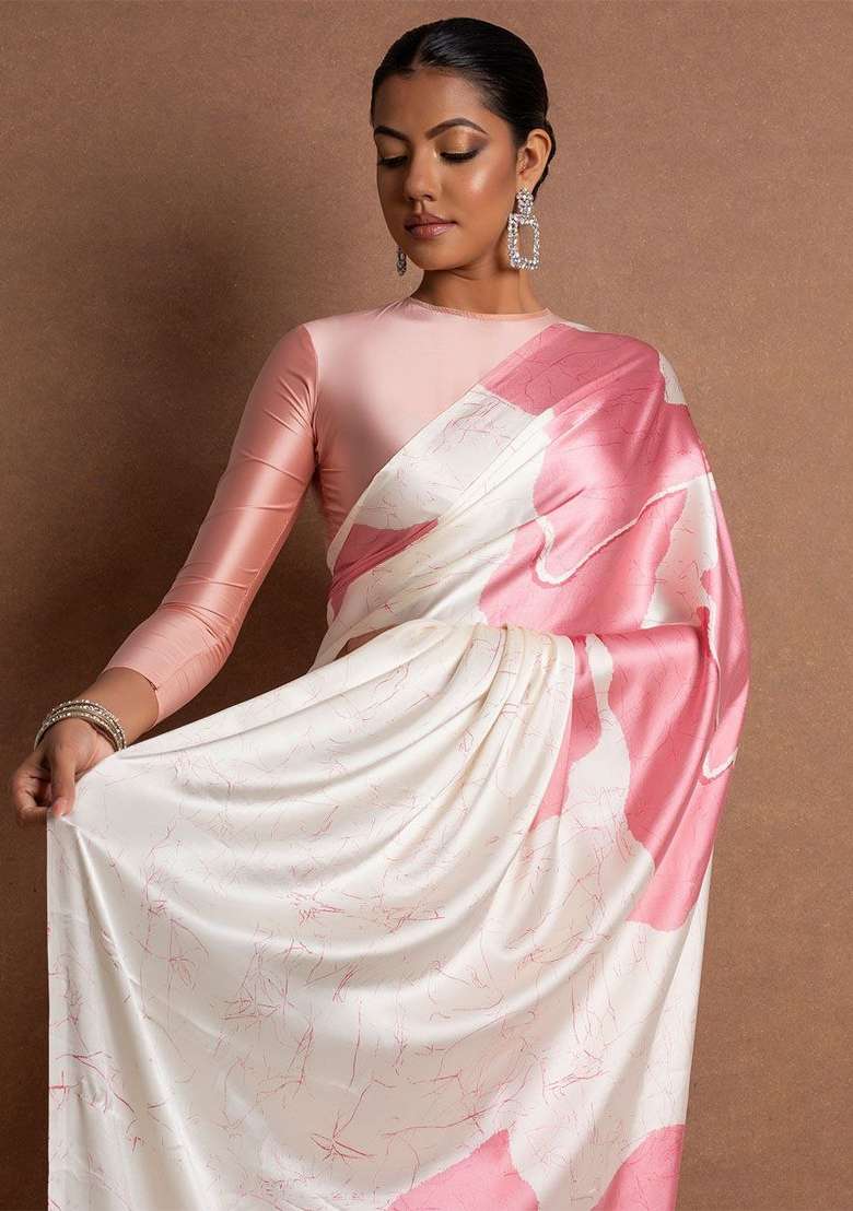 White Floral Print Model Saree Set - Indya