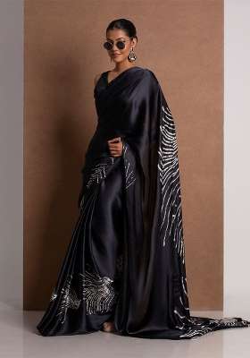 Black Floral Print Model Saree Set