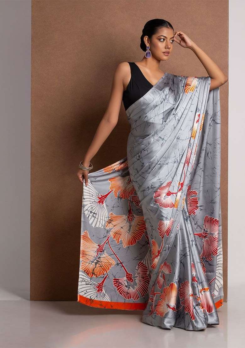 Grey Floral Print Model Saree Set - Indya
