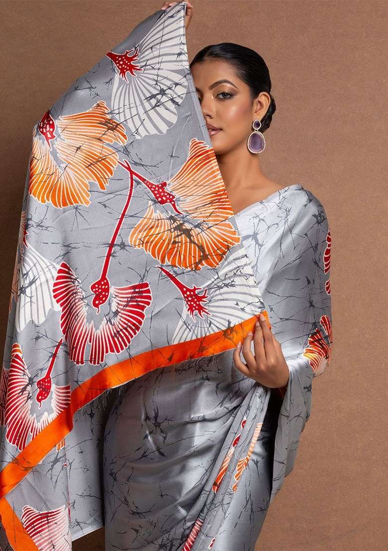 Grey Floral Print Model Saree Set - Indya