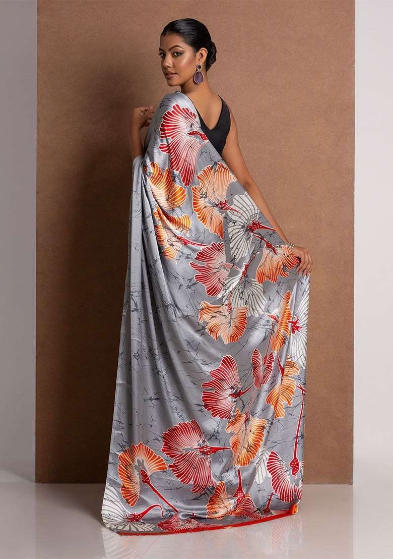 Grey Floral Print Model Saree Set - Indya