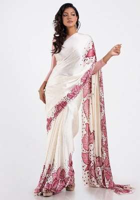 White Floral Print Model Saree Set