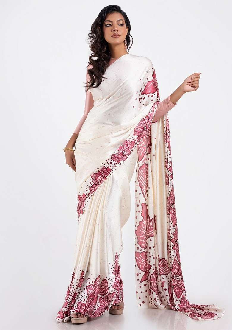 White Floral Print Model Saree Set - Indya