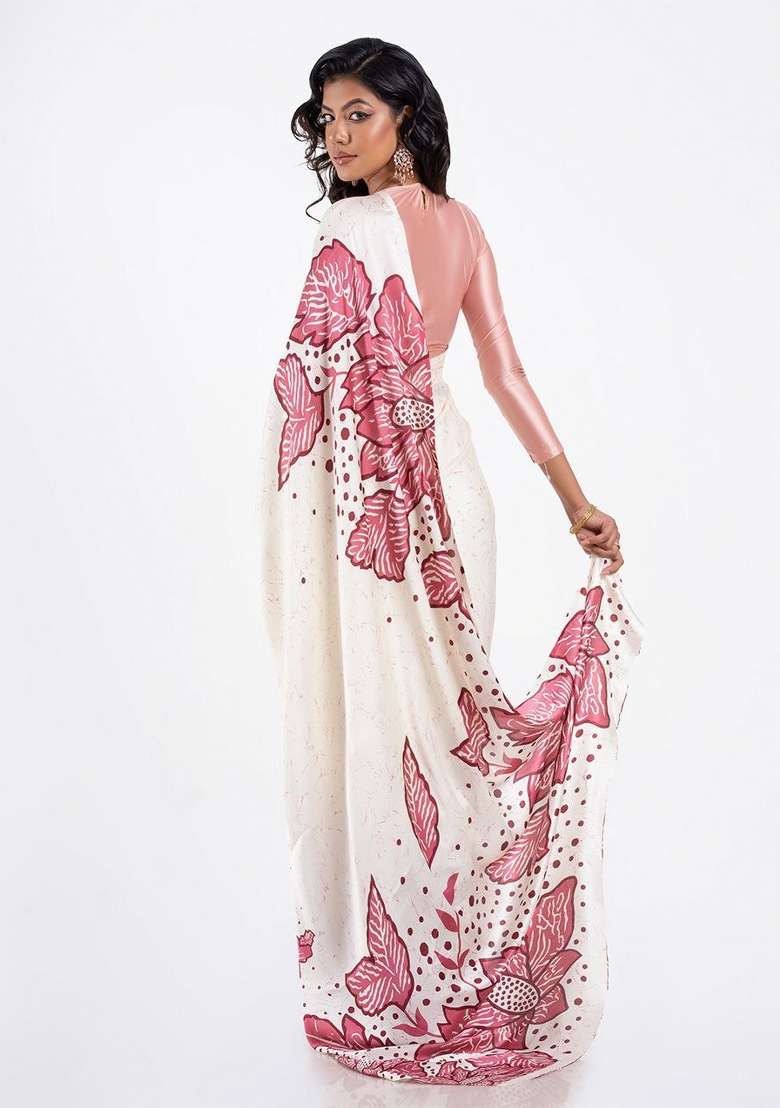 White Floral Print Model Saree Set - Indya