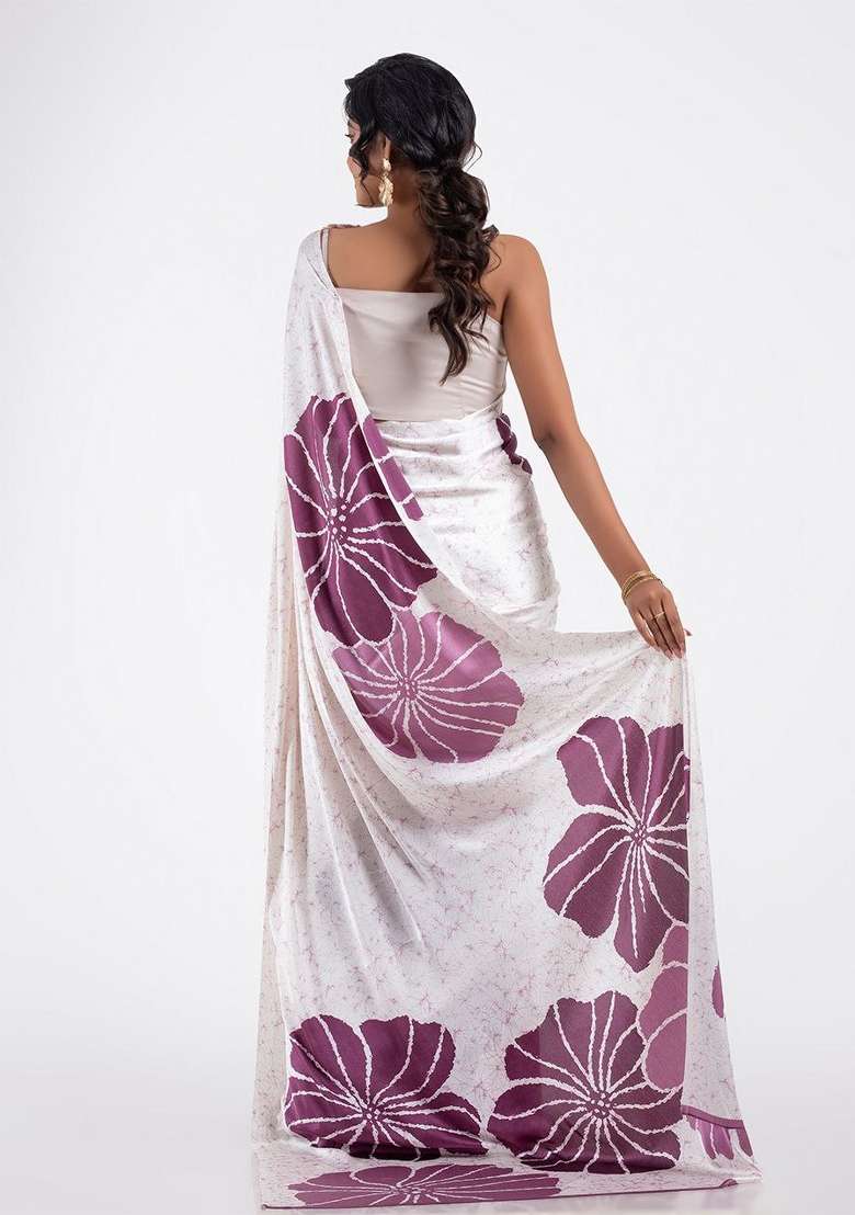 White Floral Print Model Saree Set - Indya