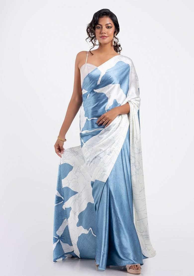 White Floral Print Model Saree Set - Indya