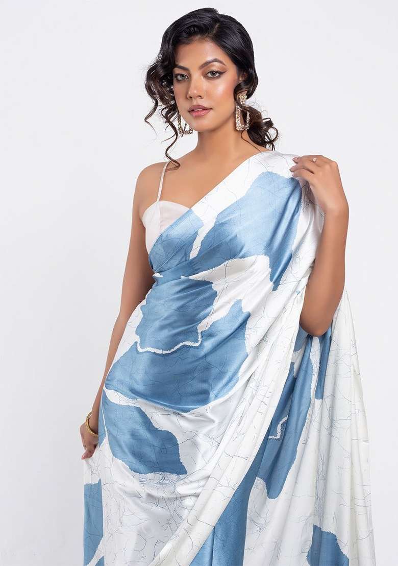 White Floral Print Model Saree Set - Indya