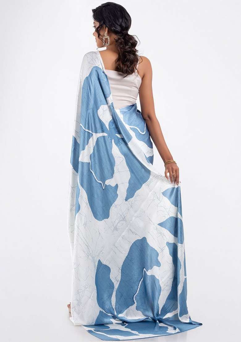 White Floral Print Model Saree Set - Indya