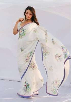 White Floral Print Model Saree Set